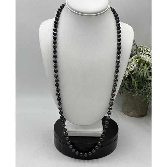 Gray Black Long Opera Length Pearl 14k White Gold Clasp Diamond Chips Necklace - Picture 2 of 11